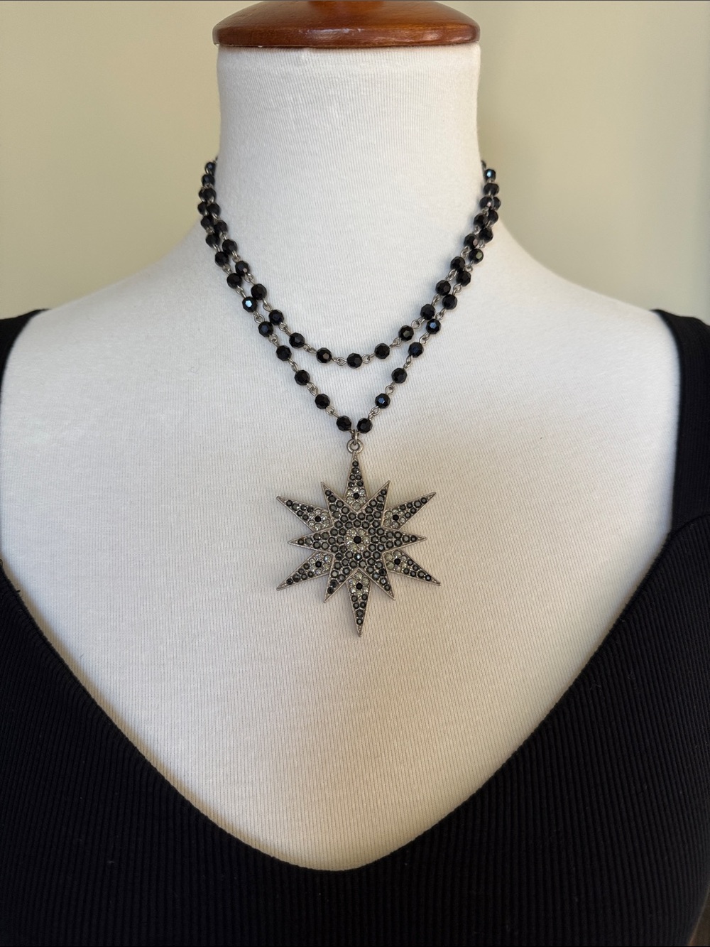 Black Starburst Pendant Beaded swaroski Crystal Necklace/earrings